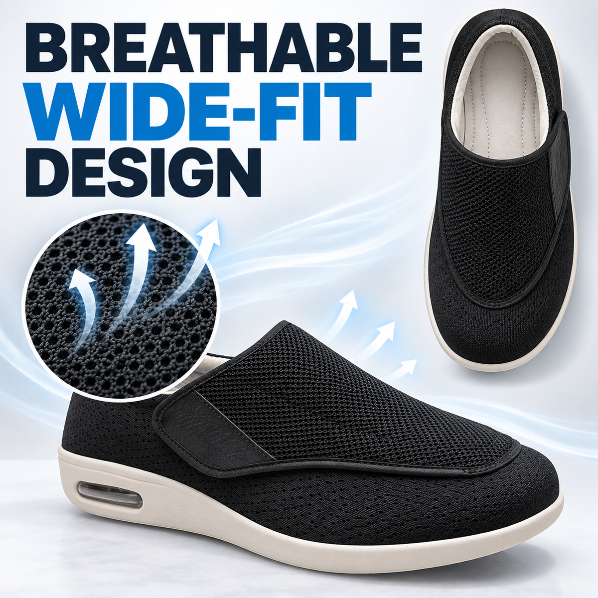 Wide-Fit Hook-and-Loop Shoes — Adjustable Easy-On Walking Shoes for Wide Feet