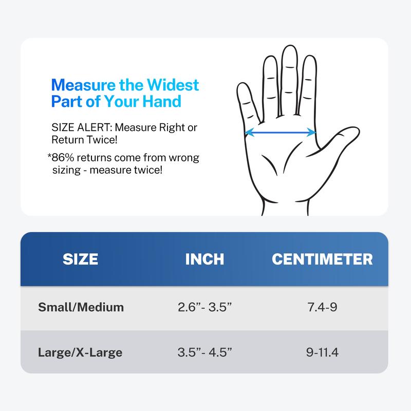Size guide: measure the widest part of the hand across the knuckles, then read the chart. Small/Medium fits 2.6 to 3.5 in, 7.4 to 9 cm. Large/X-Large fits 3.5 to 4.5 in, 9 to 11.4 cm.