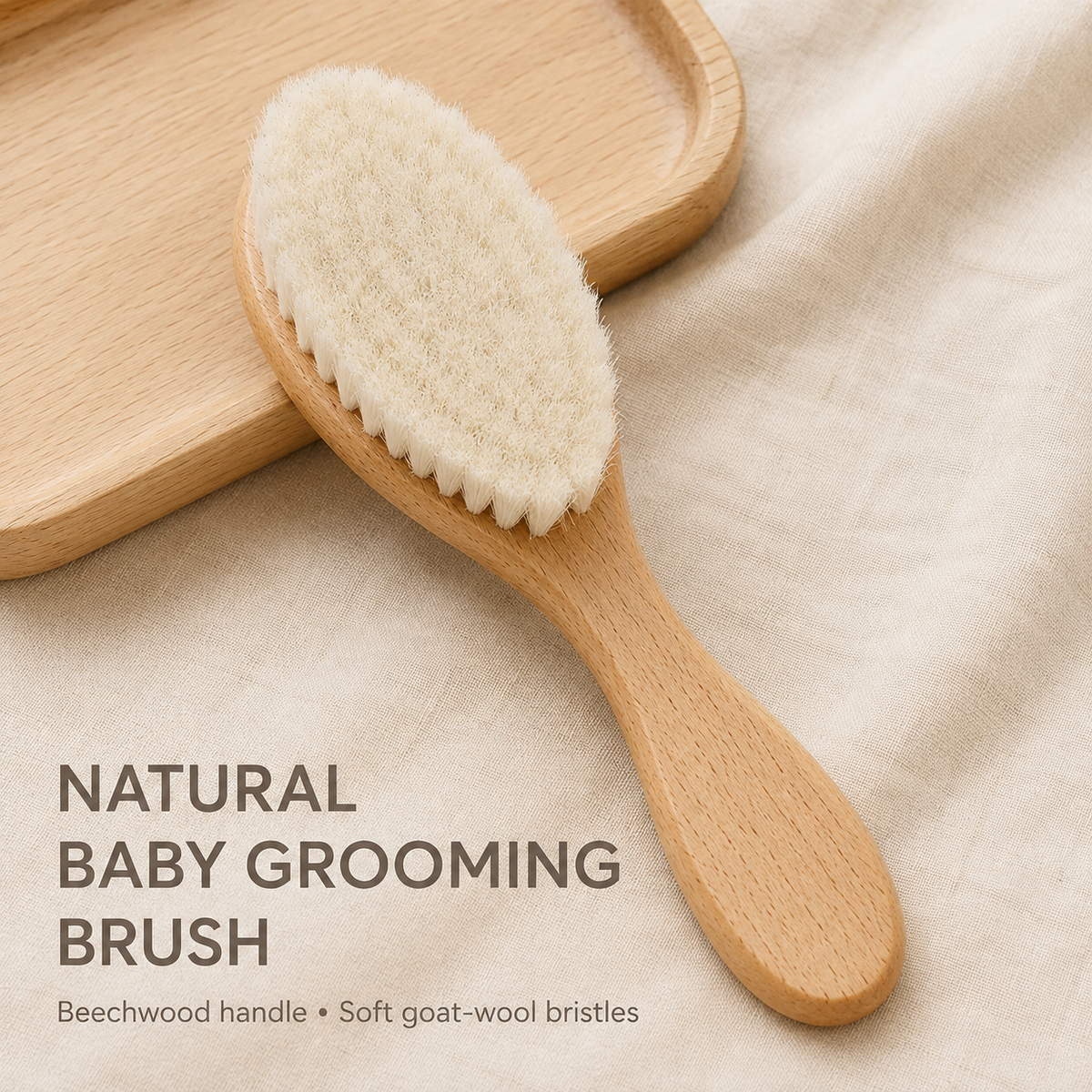 Natural Wooden Baby Hair Brush — Soft Goat Wool Shampoo & Cradle Brush