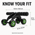 Four-Wheel Ab Roller — Wide-Base Core Trainer with Foam Handles, 30.5 cm, Home Workouts