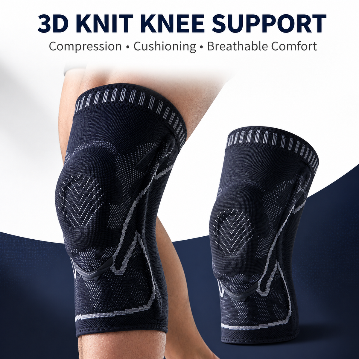 3D Knit Knee Support Sleeve — Spiral Side Stays & Silicone Patella Ring, Single Sleeve, S–XL