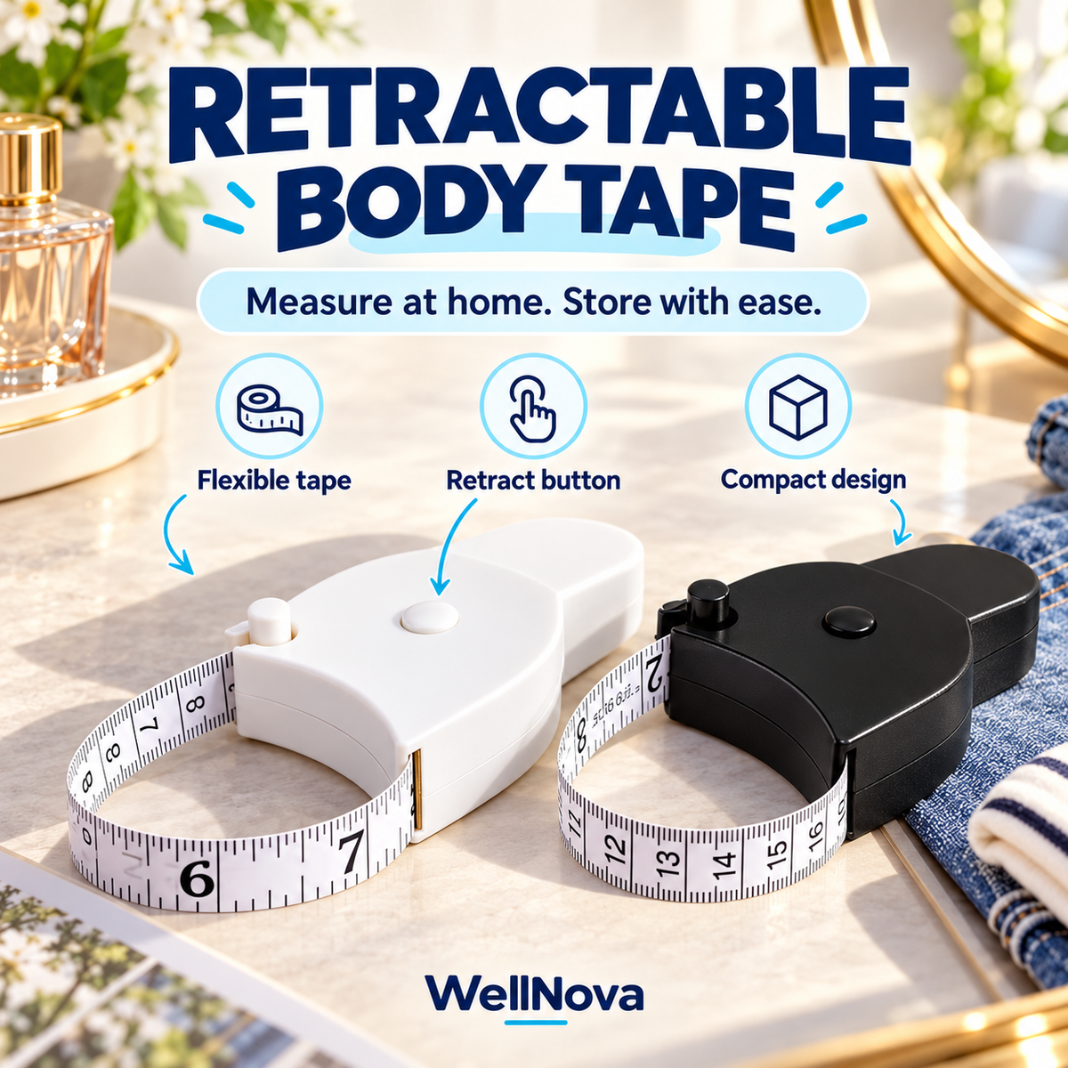Retractable Body Measuring Tape — Self-Locking Tape Measure for Waist, Hips, Arms and Thighs, Push-Button Retract