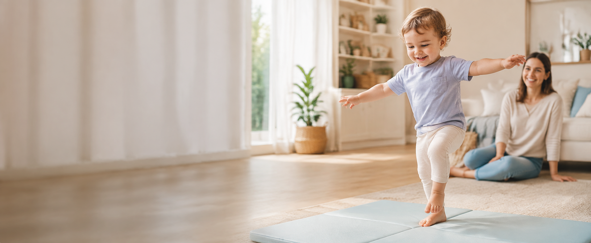 Toddler taking first steps on a soft play mat while mother watches